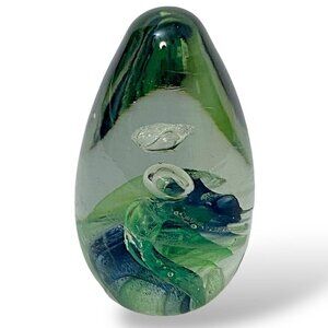 Glass Paperweight Abstract Green Swirl 3.5" Egg Shape Collectible